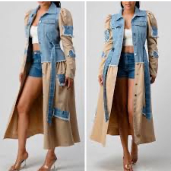 Chic Denim and Tan Long Sleeve Dress - Picture 5 of 8